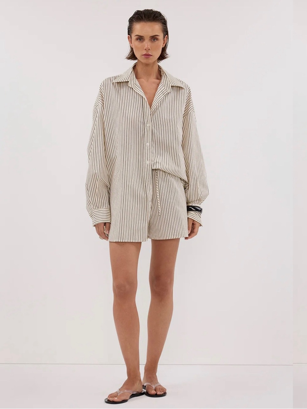 DISSH Palma Cream Oversized Button-Up Shirt with Black Pinstripes - Picture 5 of 11